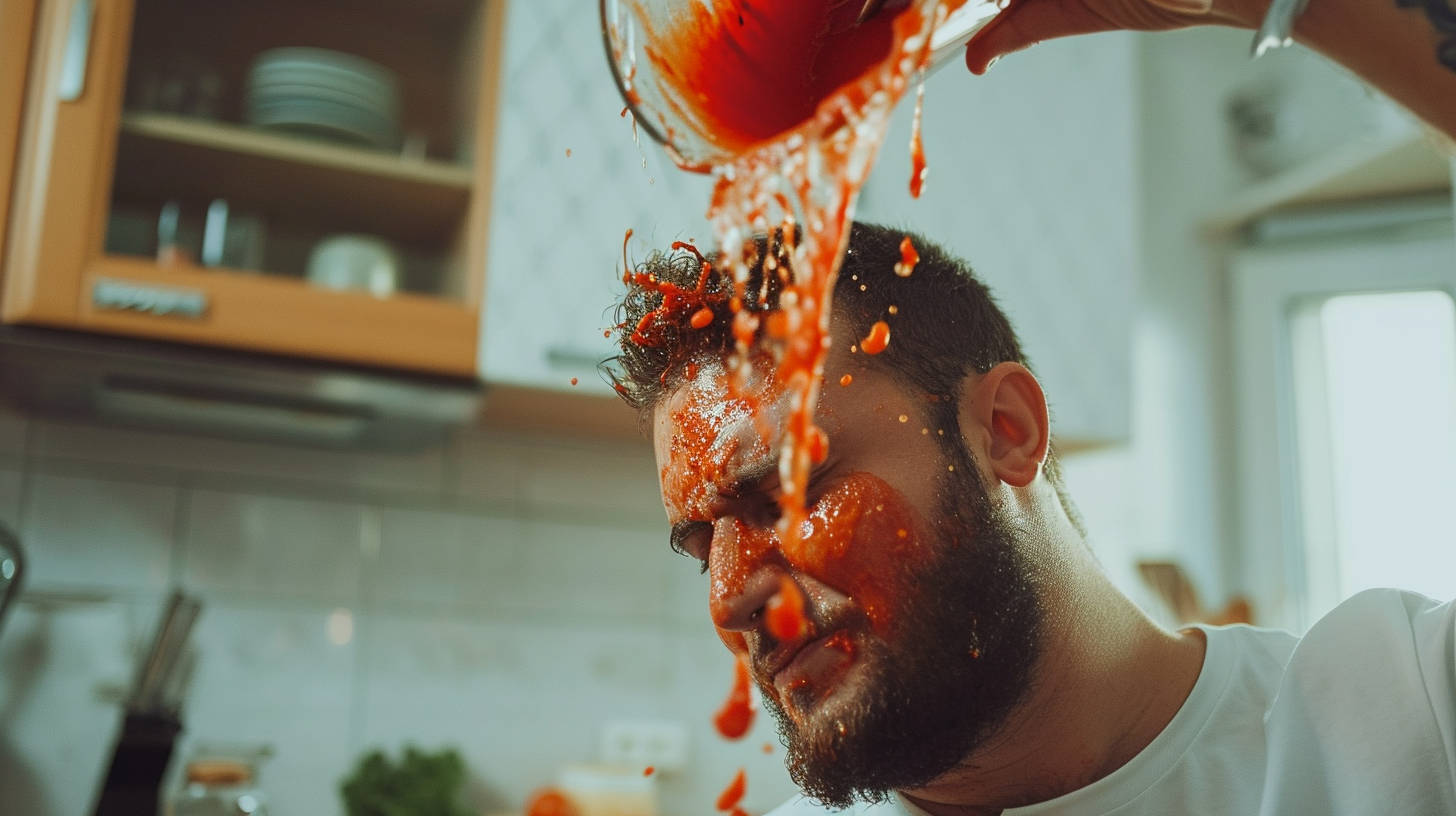 Hot sauce poured on man's head