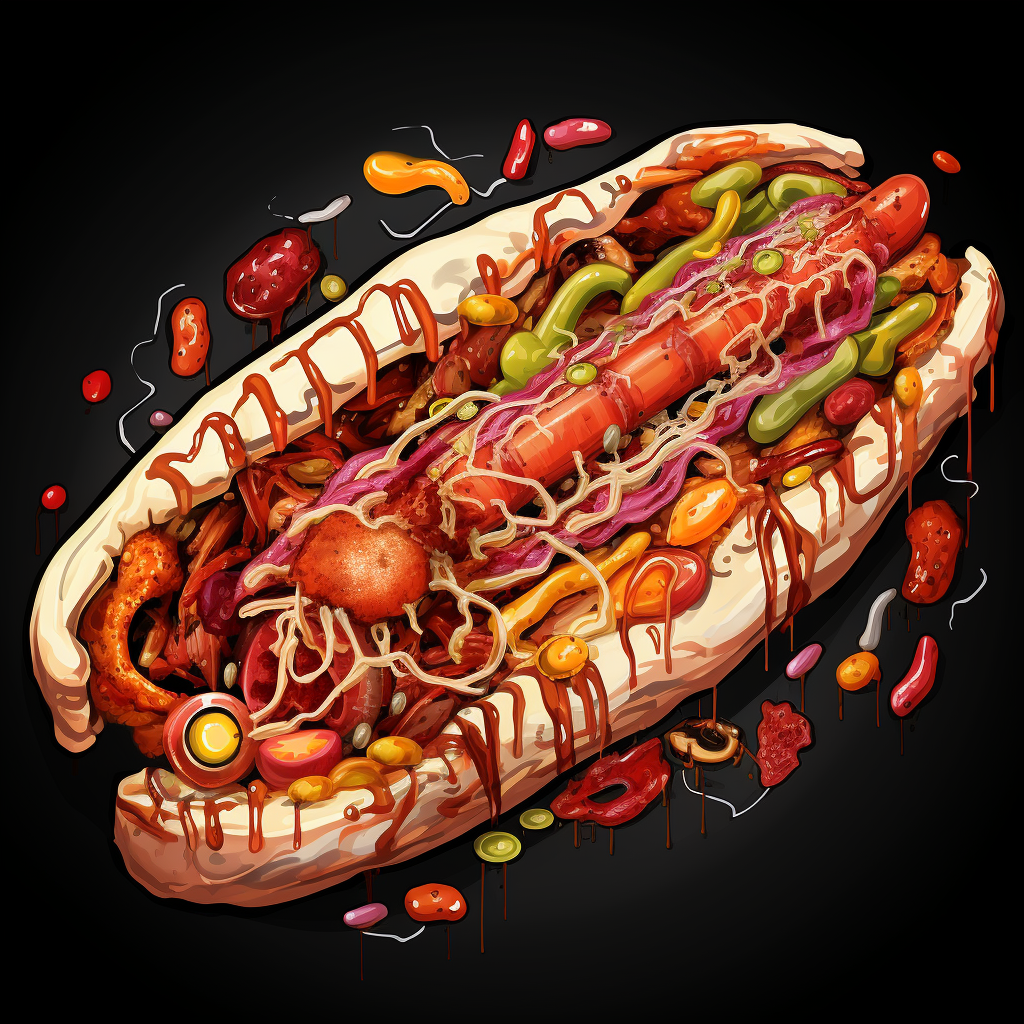 Cartoon hot dog with anatomy sauces