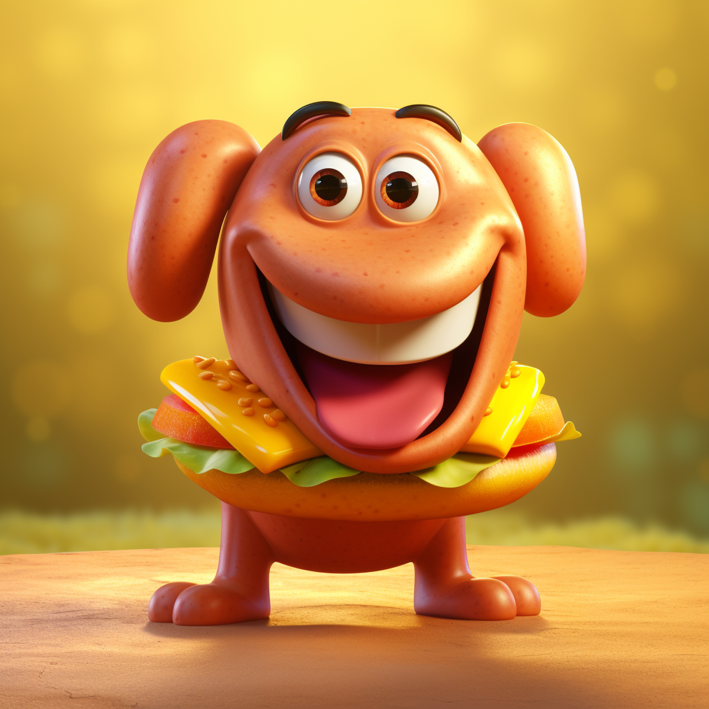 Cute hotdog character in Disney-style cartoon