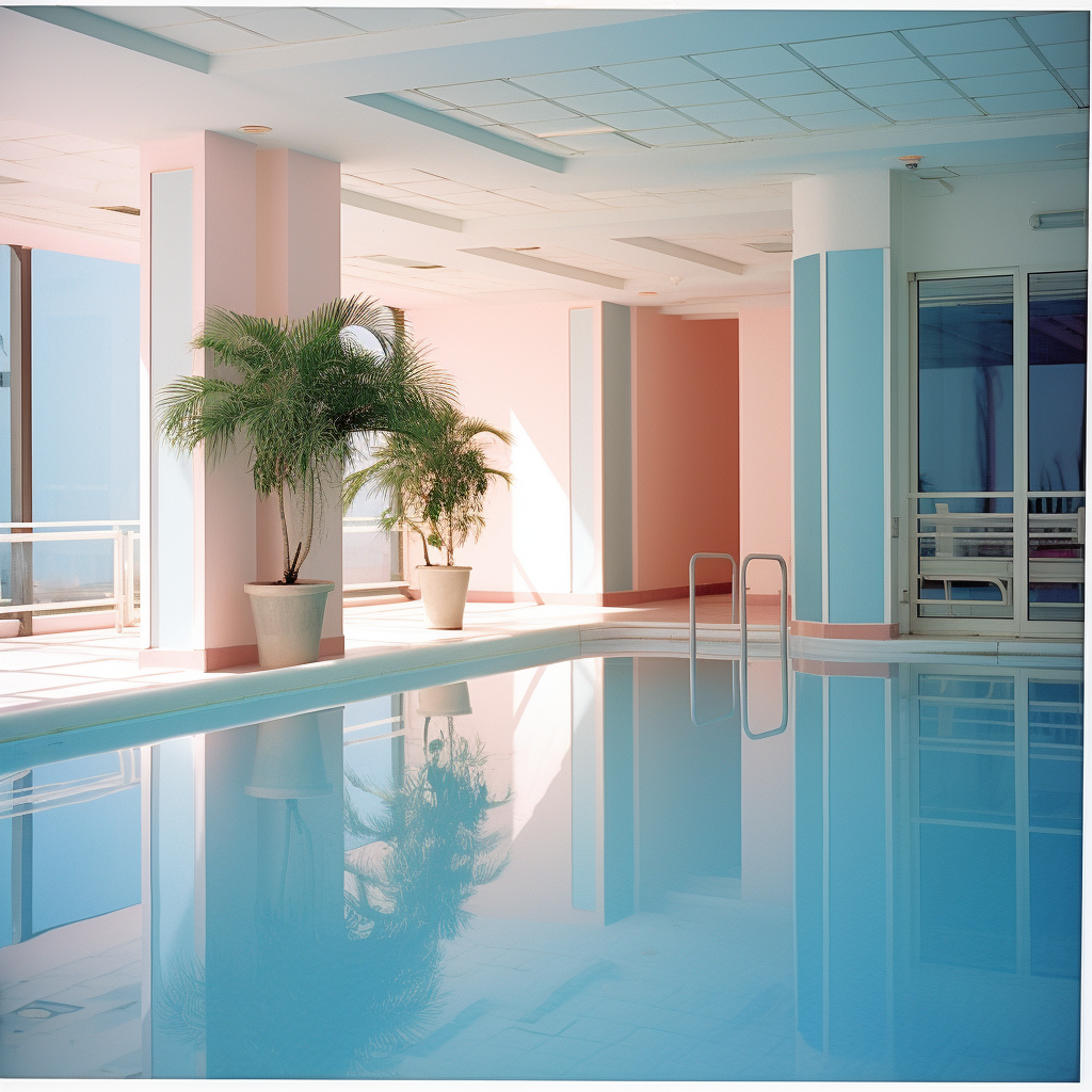 Serene hotel pool with pastel colors