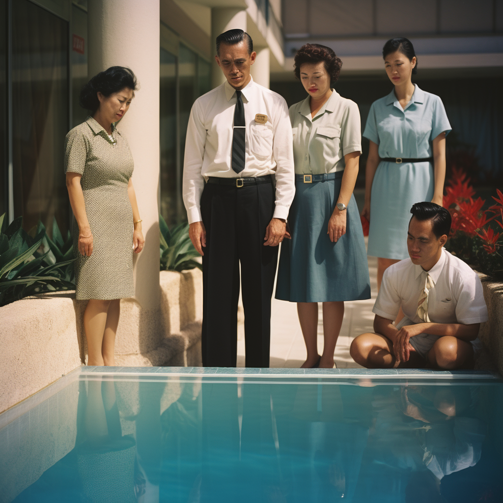 Hotel staff and mother by pool