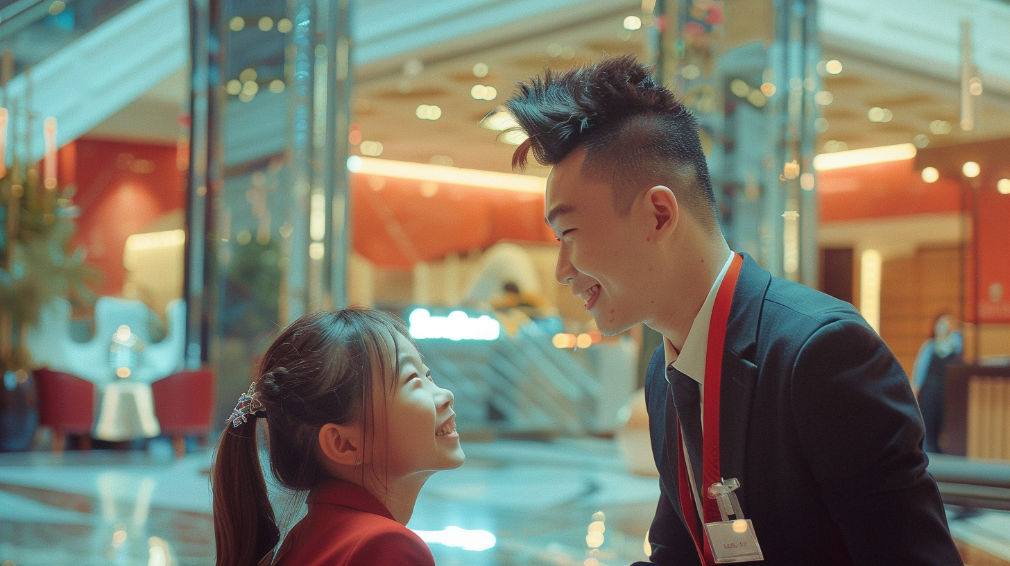 Hotel staff winking at kid