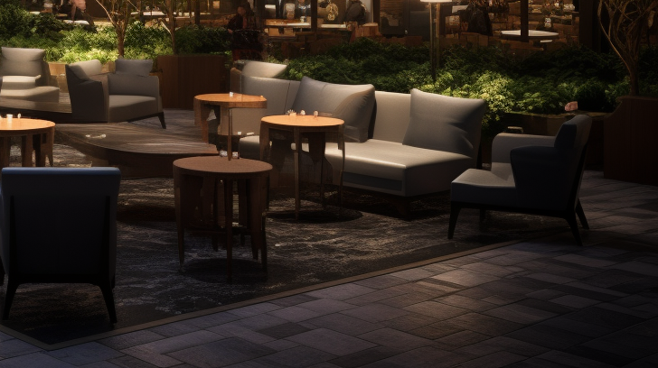 People gathering in hotel atrium lobby