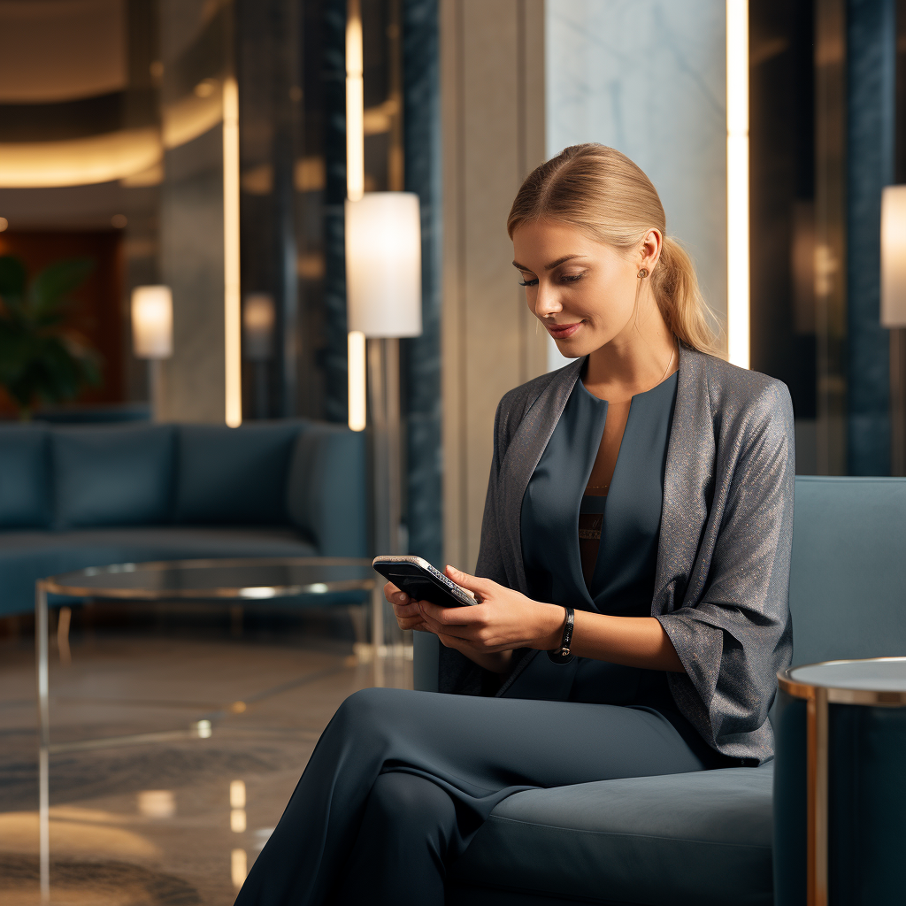 Hotel guest in luxurious modern lobby