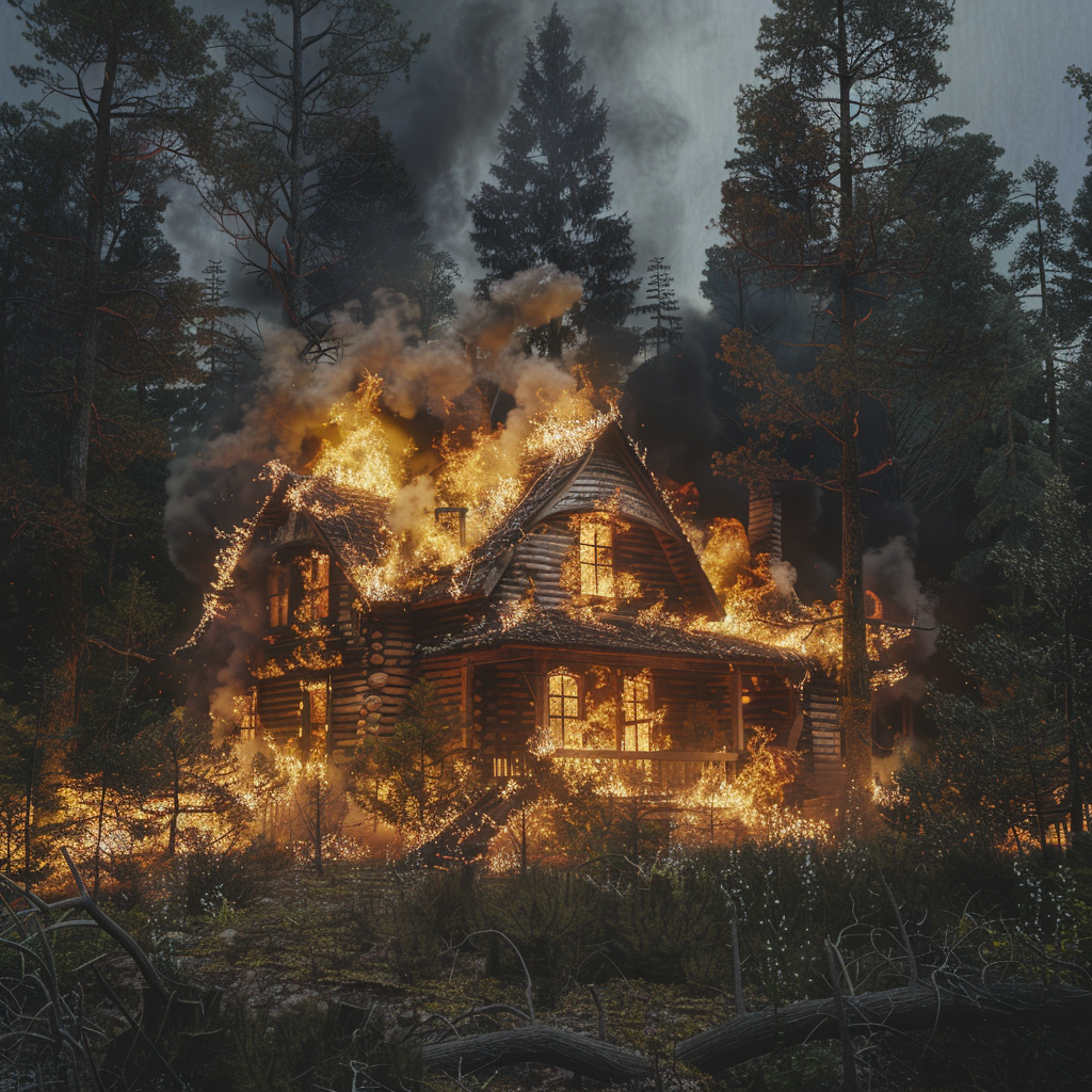 house on fire in forest