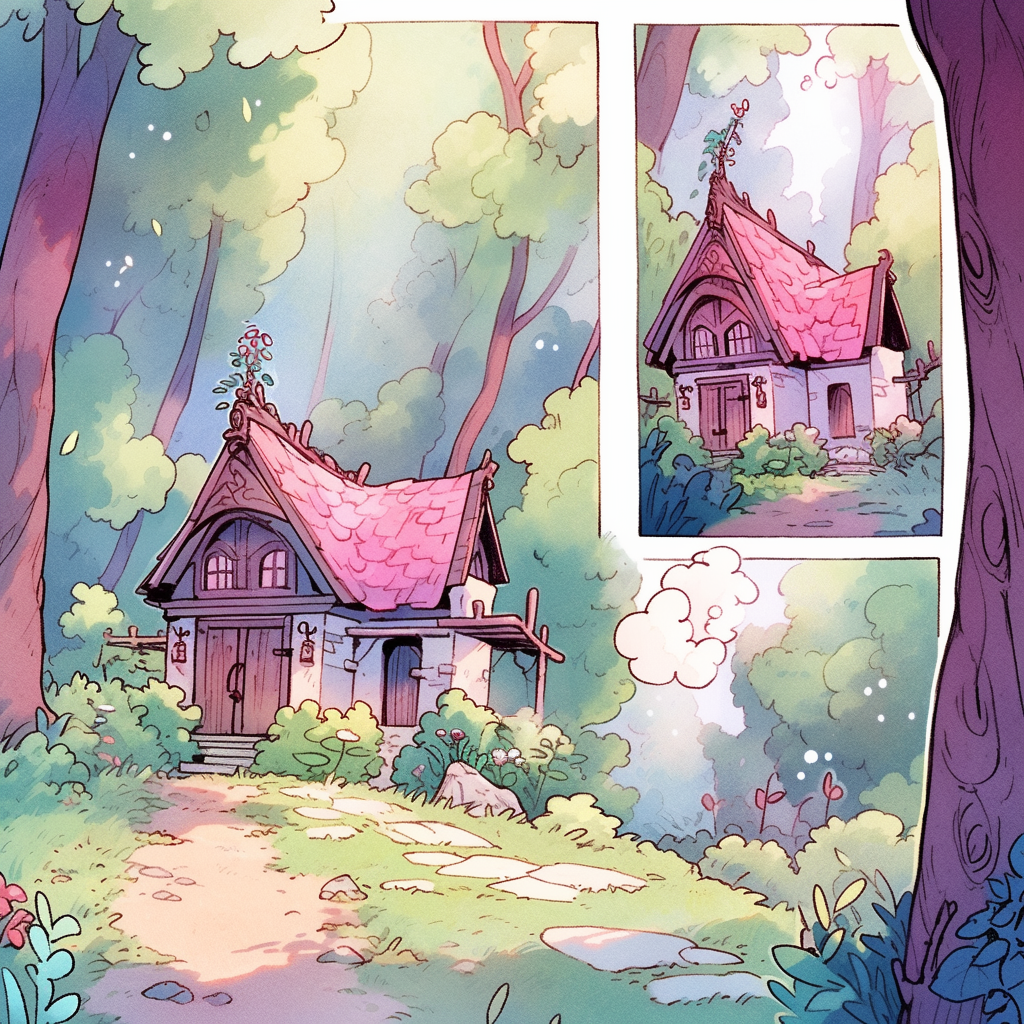 Adorable chibi characters exploring a whimsical house-forest path