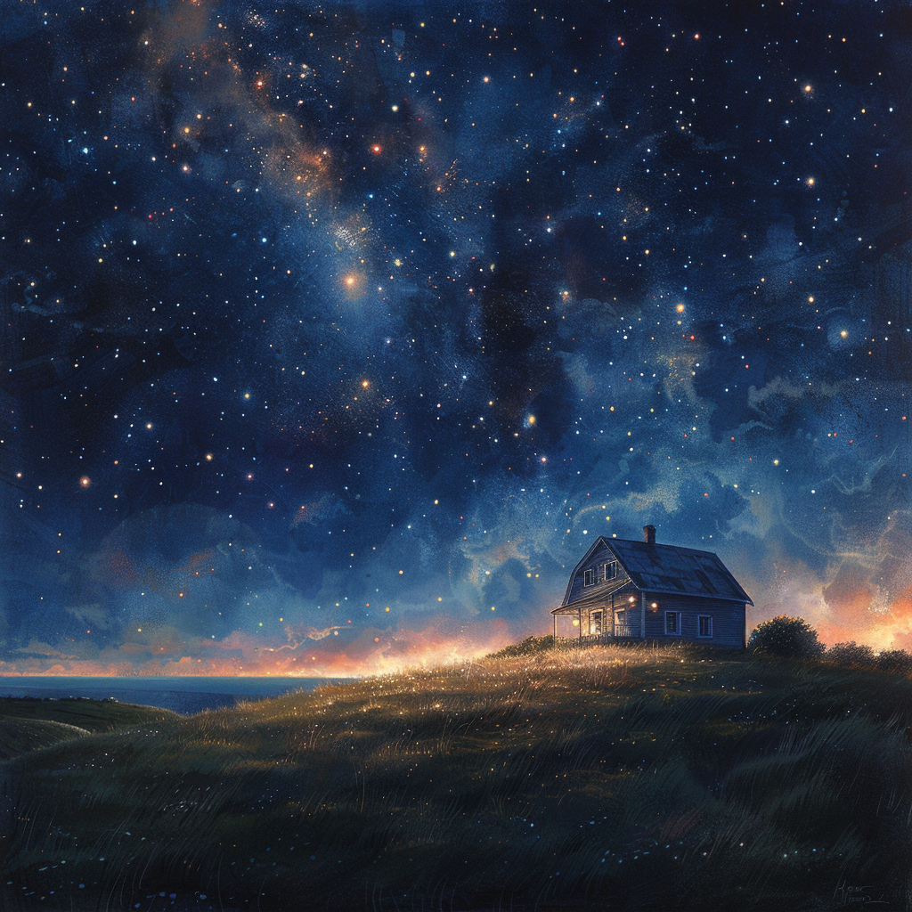 House on Grassy Hill at Night