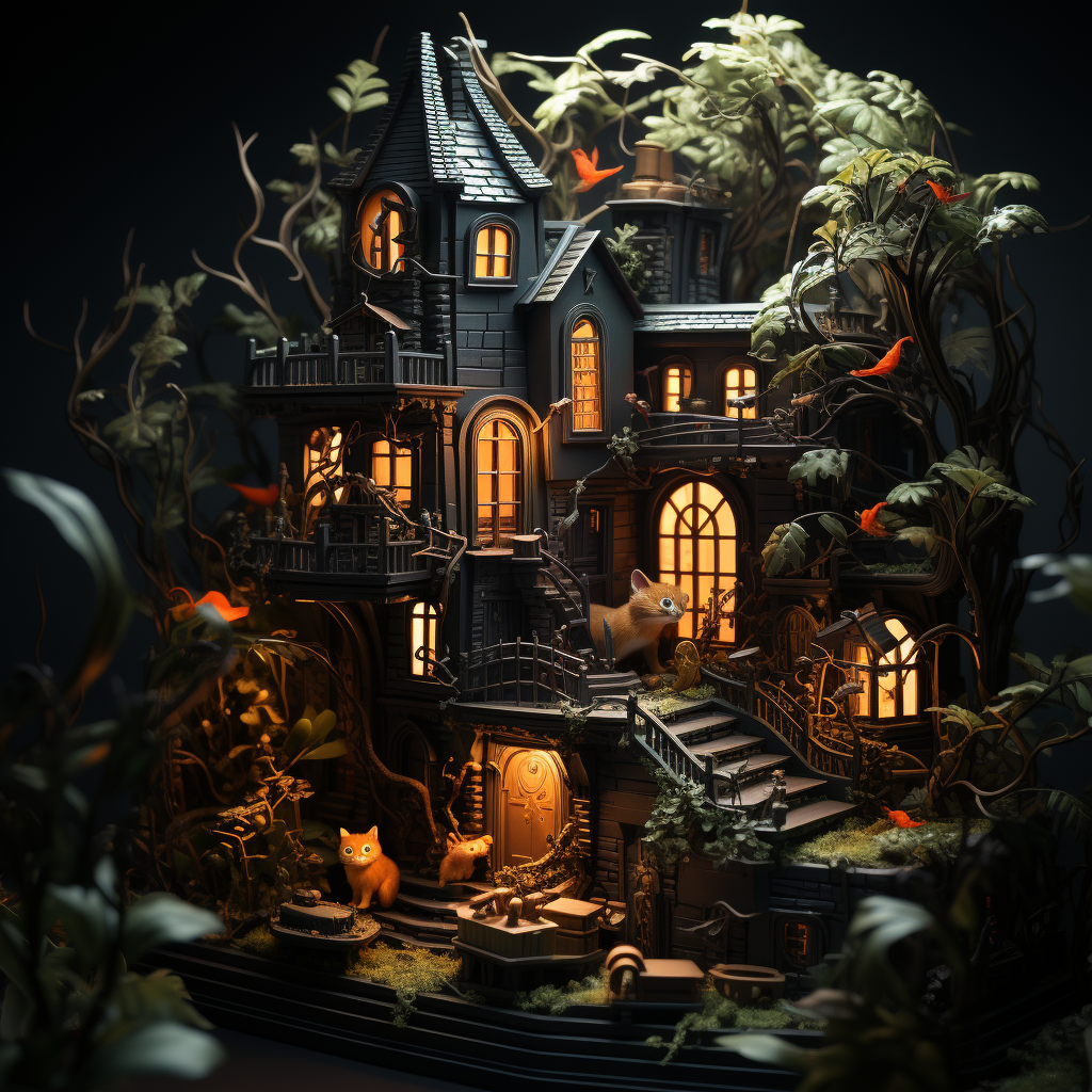 Intricate cat-shaped house with goldfish and plants