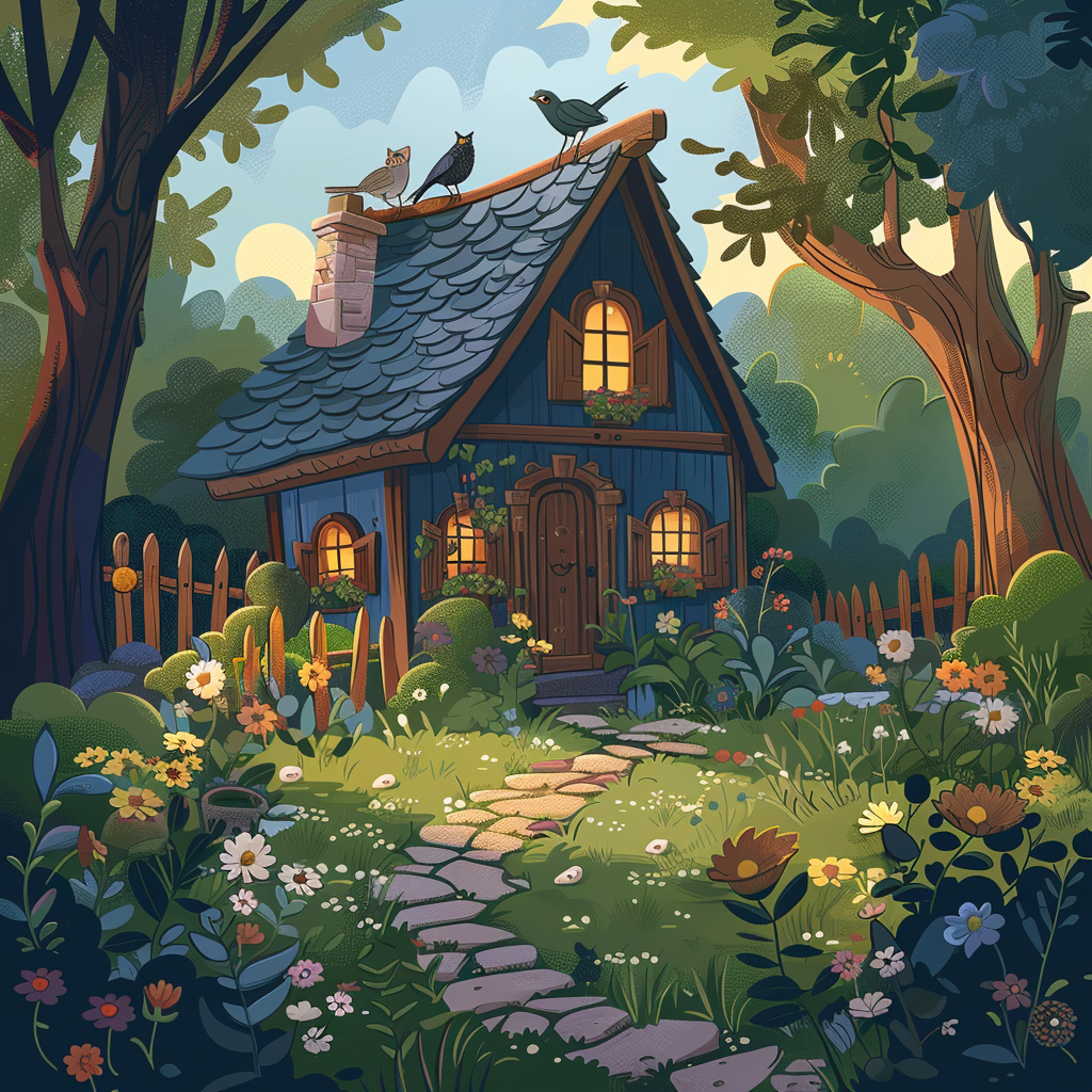 Cartoon house with birds and cats in garden