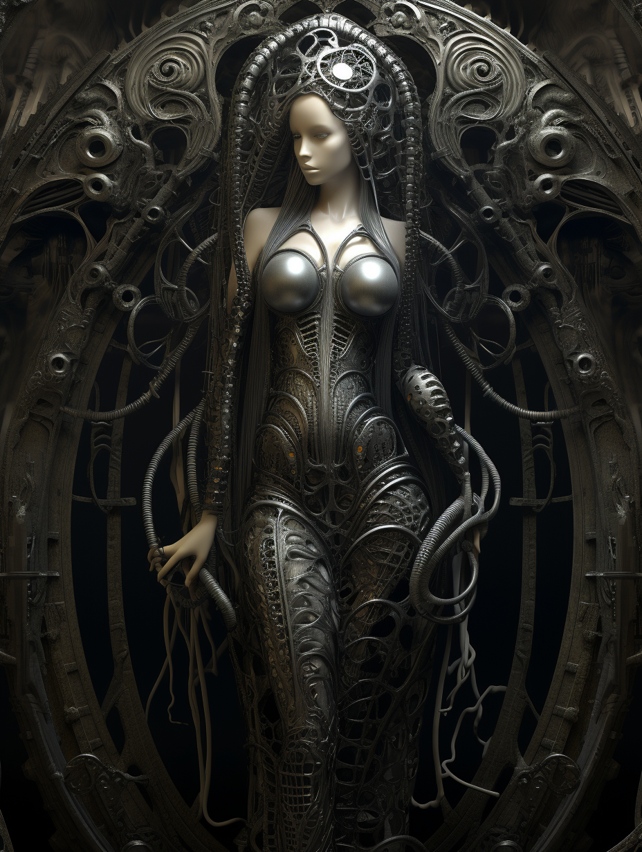 Stunning woman in HR Giger-inspired artwork