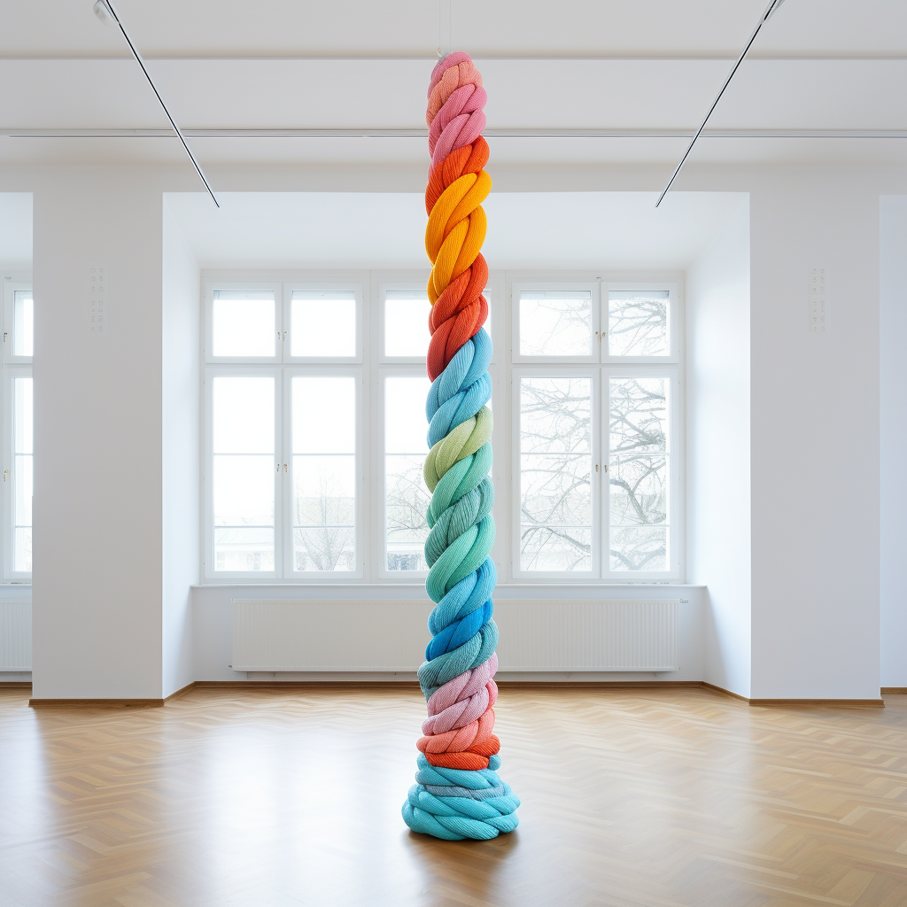 A beautiful white room with a vibrant braided cable surrounding a column