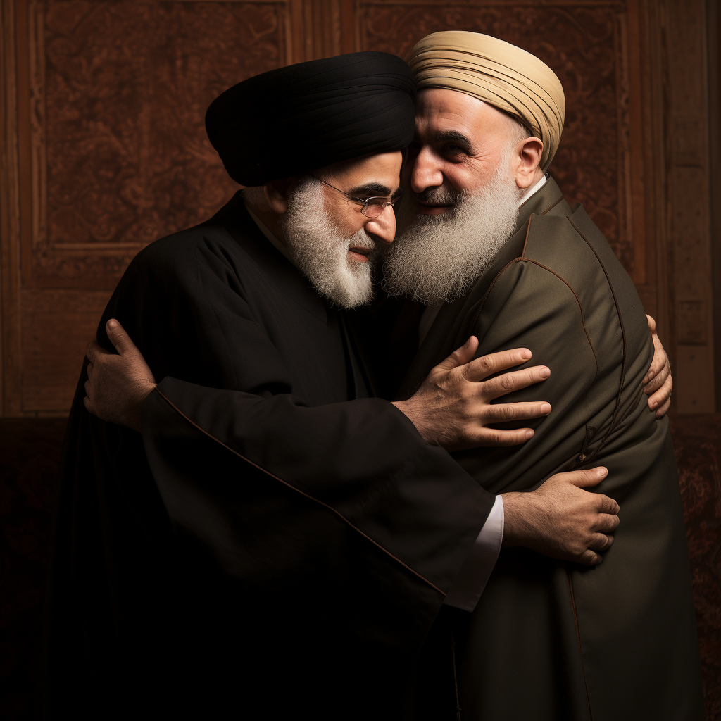 Imam Khomeini and Shah of Iran sharing an embrace