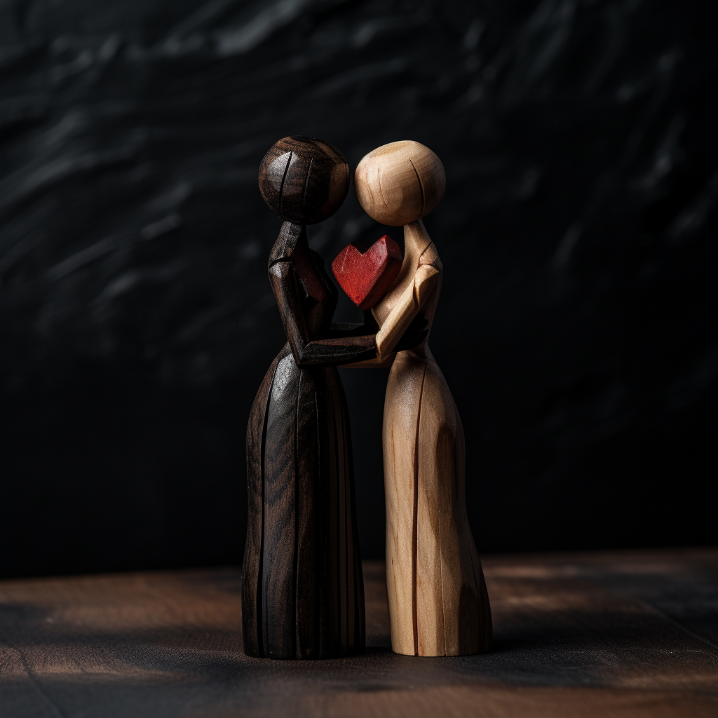 Two wooden figurines embracing each other