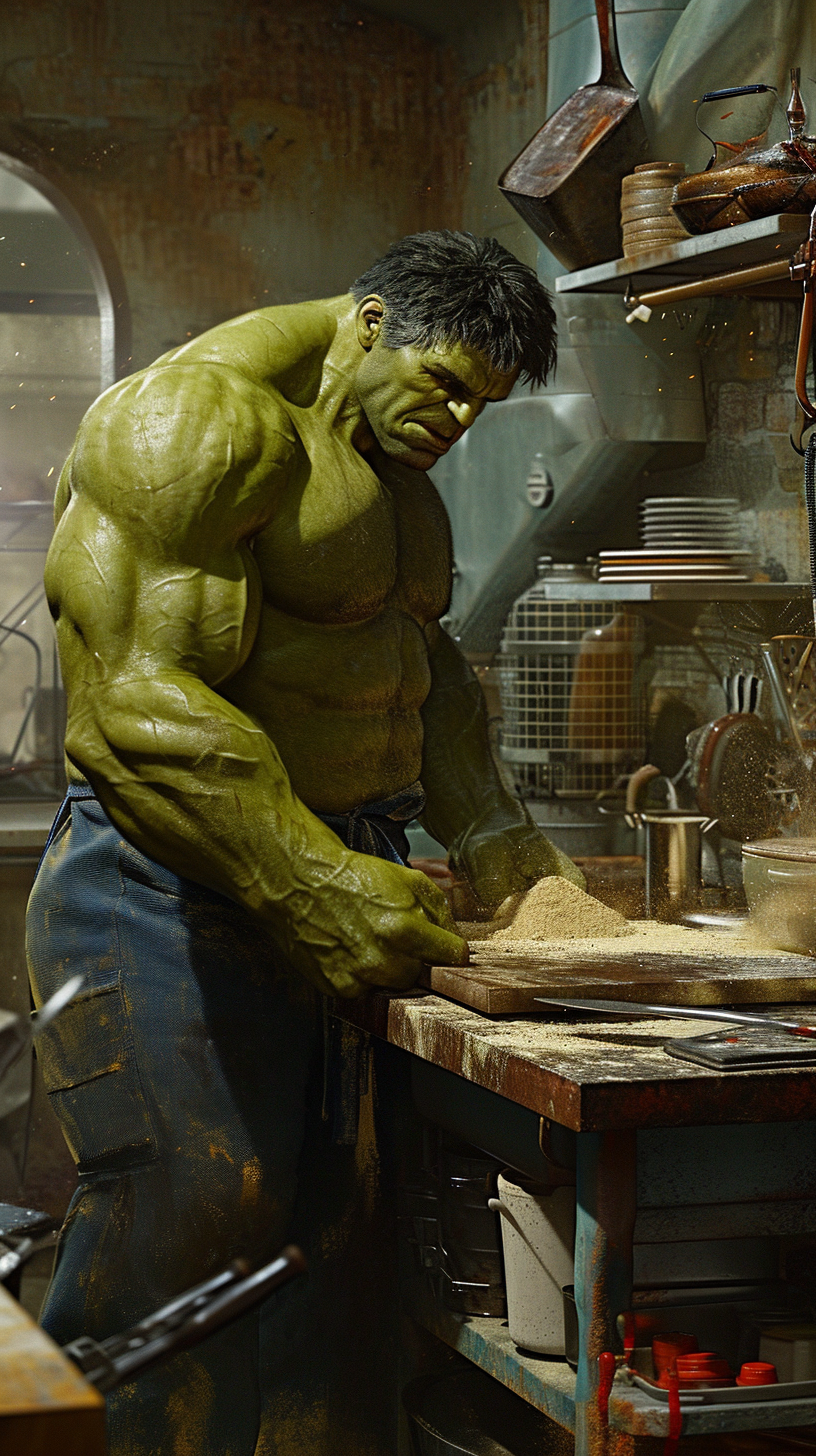 Hulk baking bread with concentration