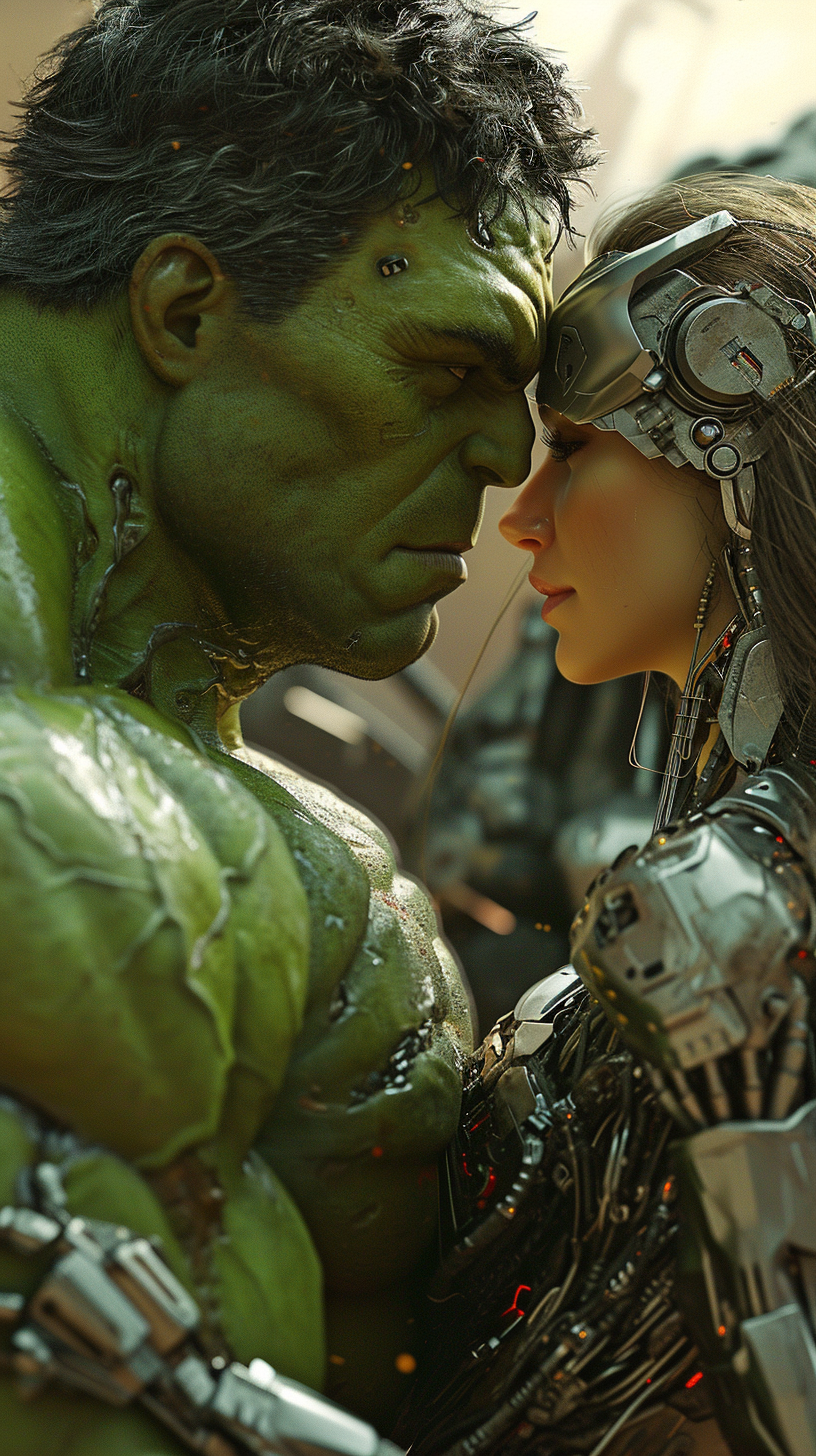 Romantic love between Hulk and Cyborg Girl