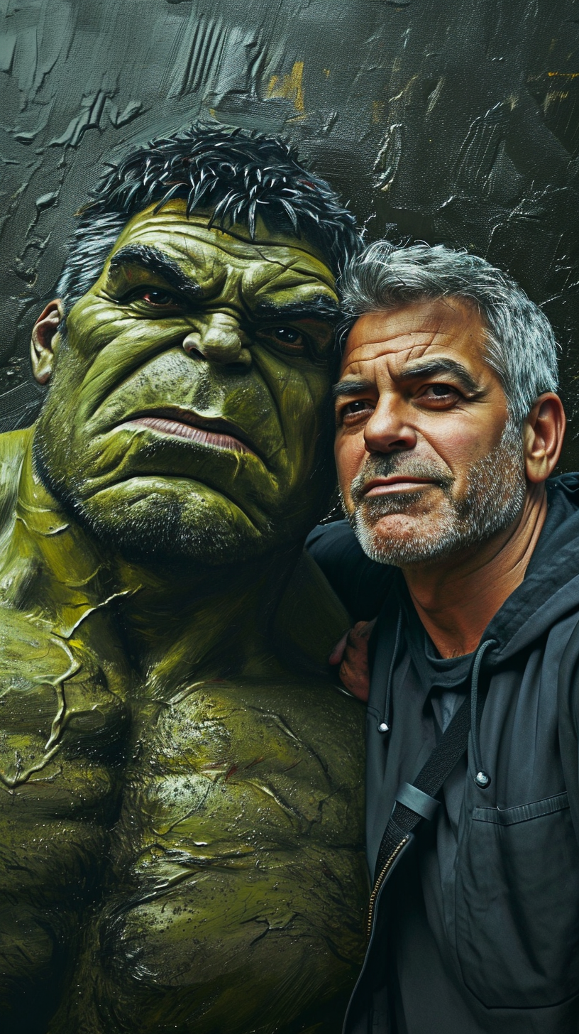 Hulk and George Clooney in New York taking a hyperealistic selfie