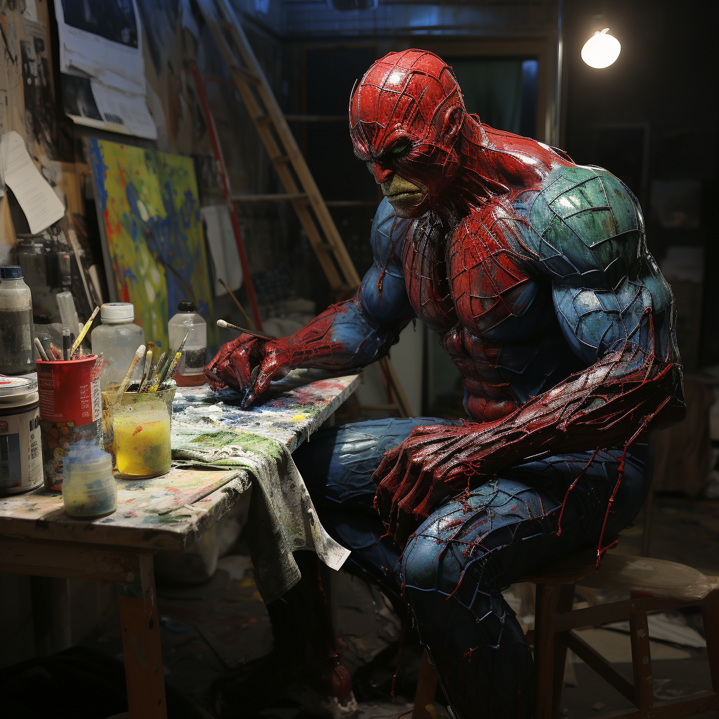 Hulk painting Ironman's realistic Spider-Man portrait