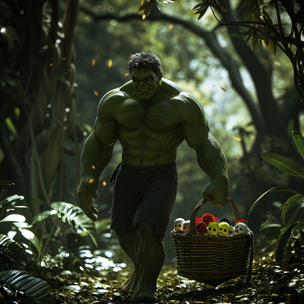 Hulk in Rainforest with Clown Heads