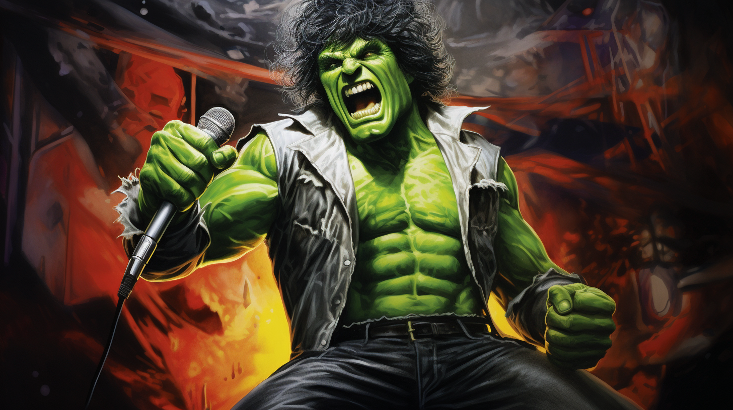 The Hulk performing as a rockstar on stage