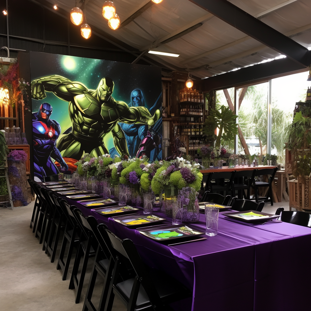 Hulk-themed wedding venue decorations