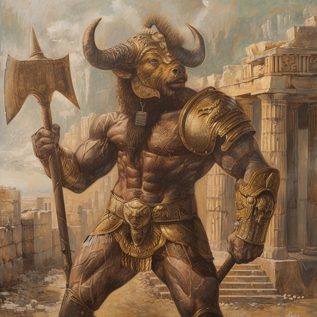 Minotaur in Ancient Greek Ruins with Great Axe