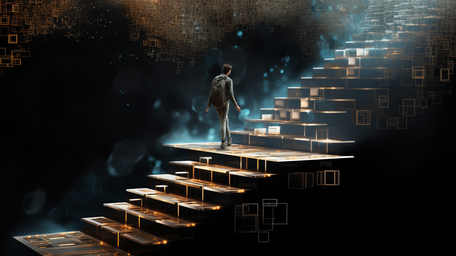 Human AI walking up staircase on black background