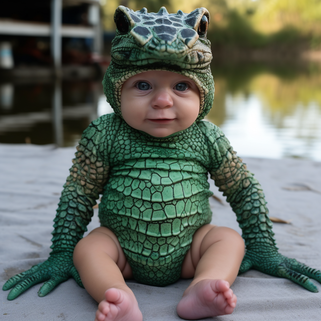 Adorable human baby with alligator limbs