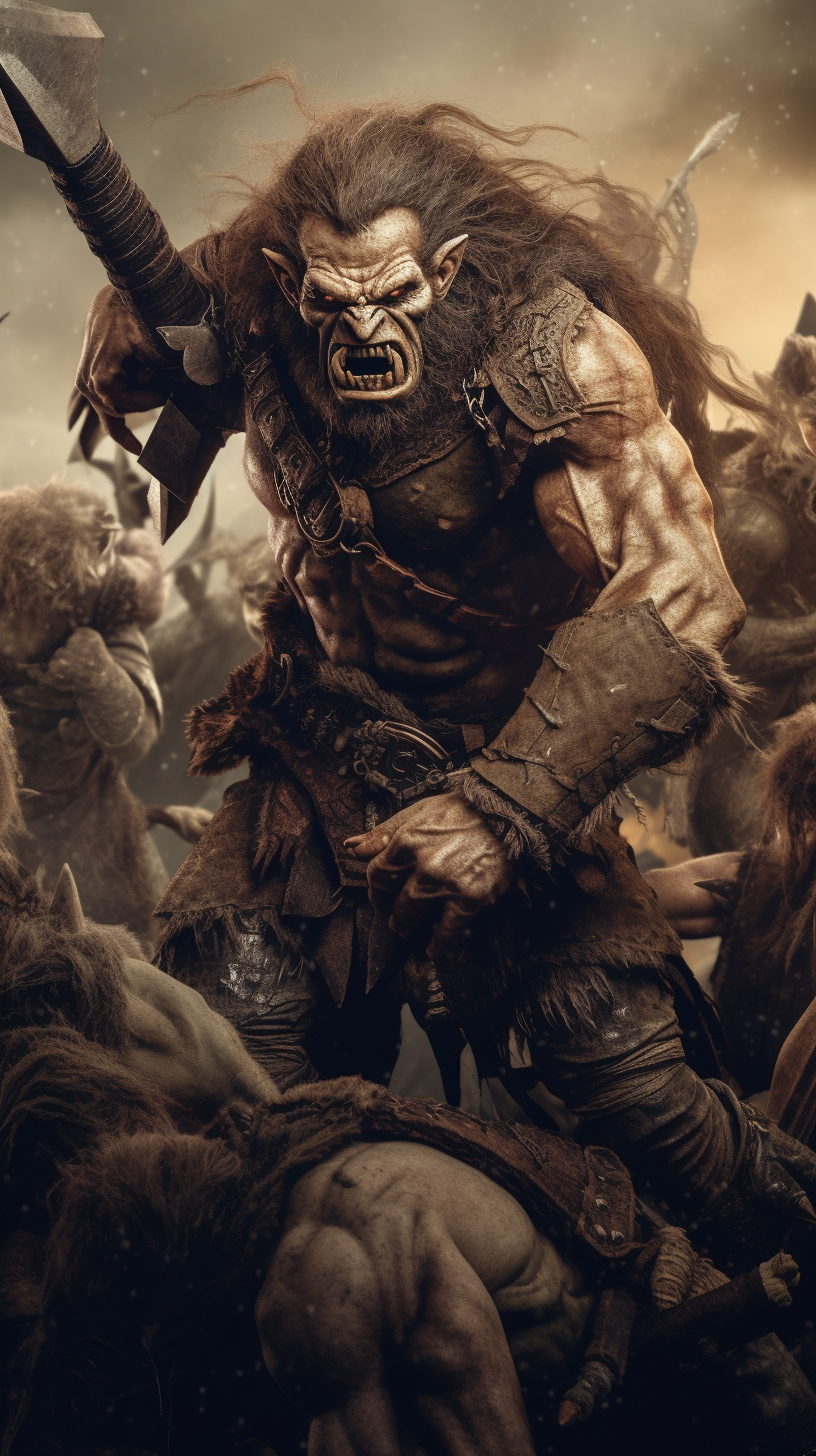 Fierce human barbarian warrior fighting orcs