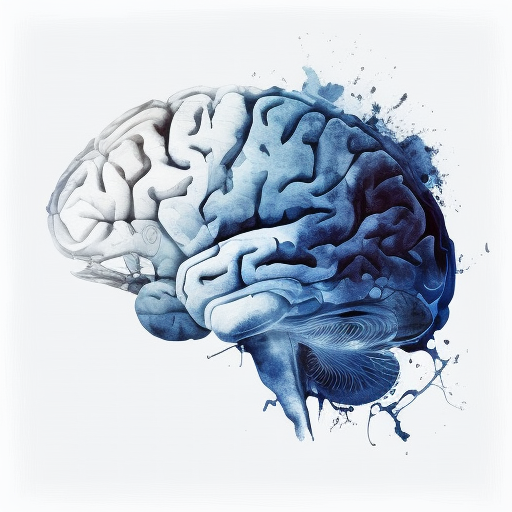 Side view human brain watercolor blue