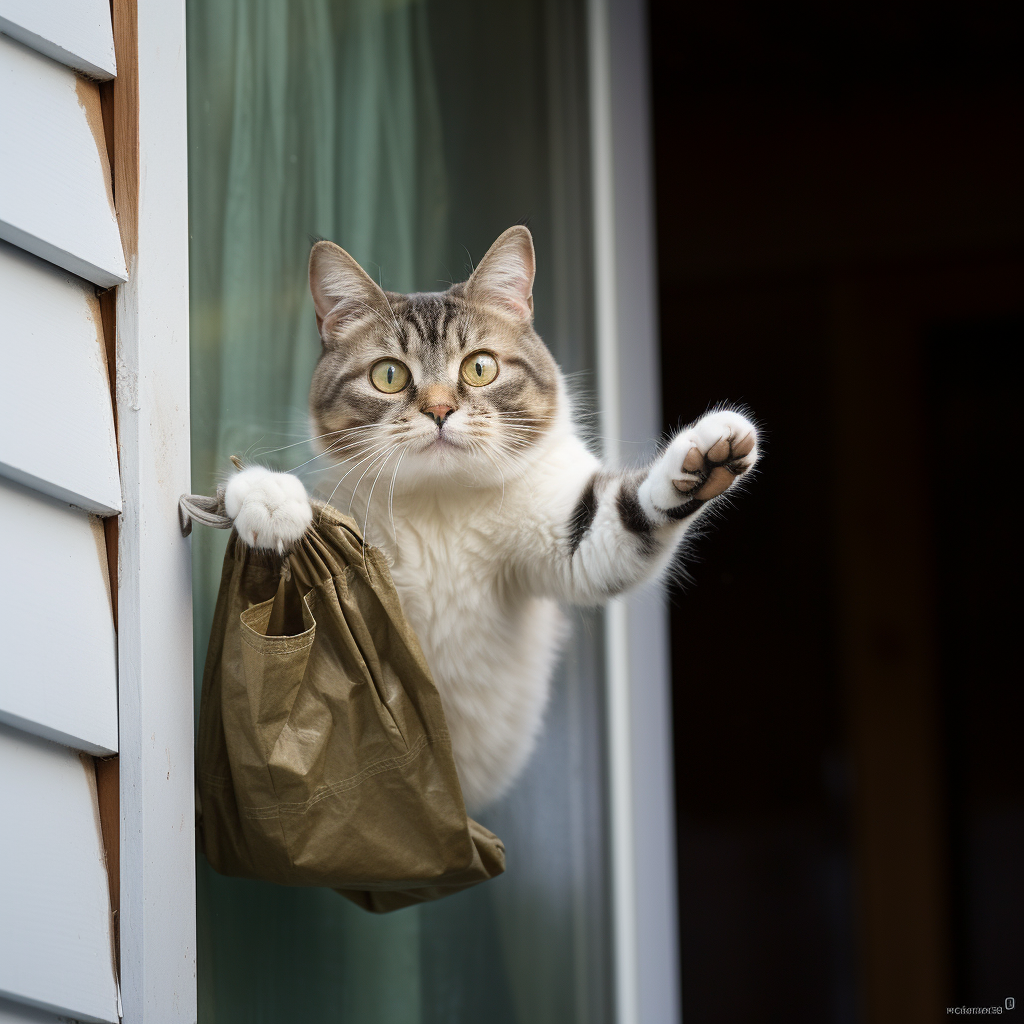 Human cat thief with bag of treasure jumping from window