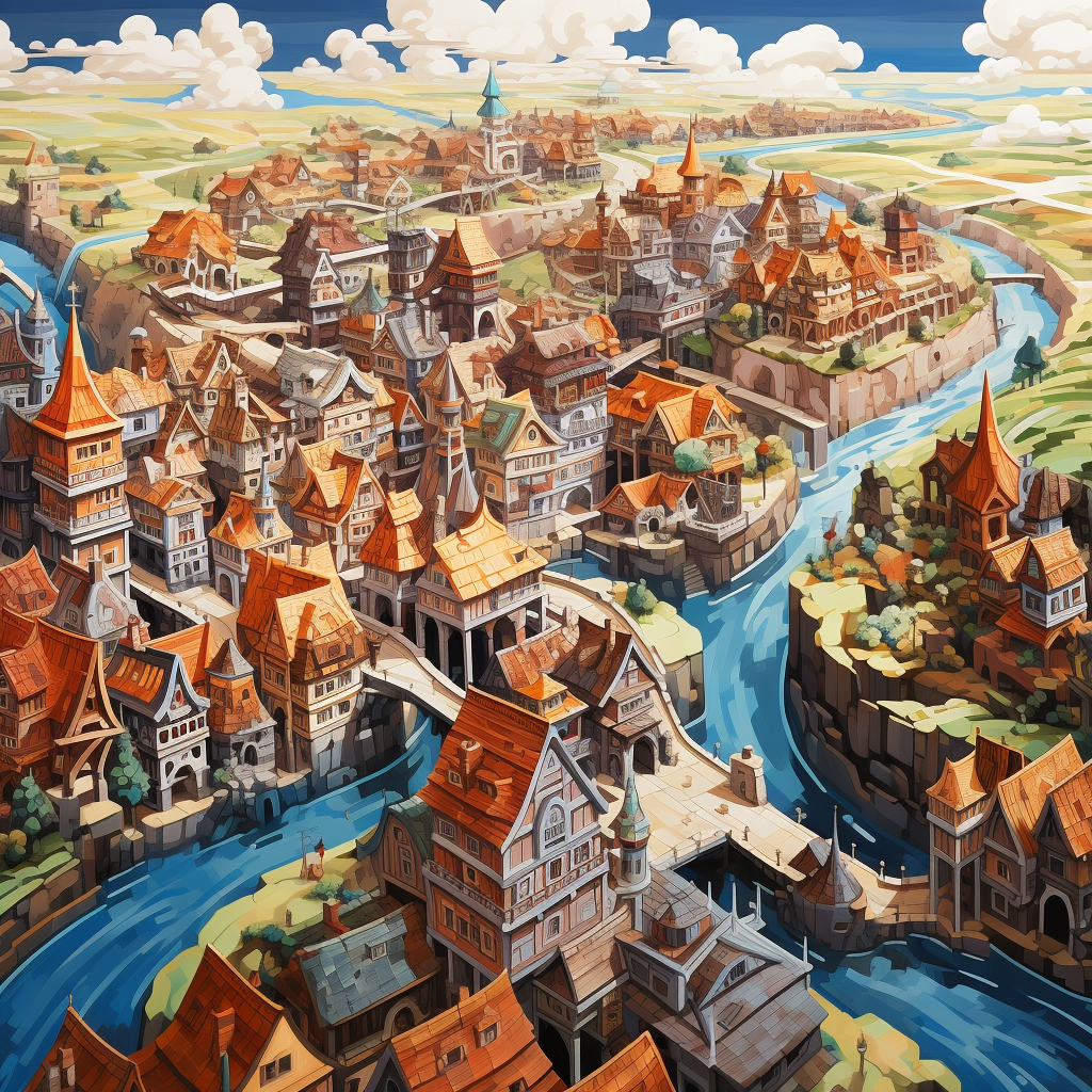 Acrylic-style painted human fantasy town