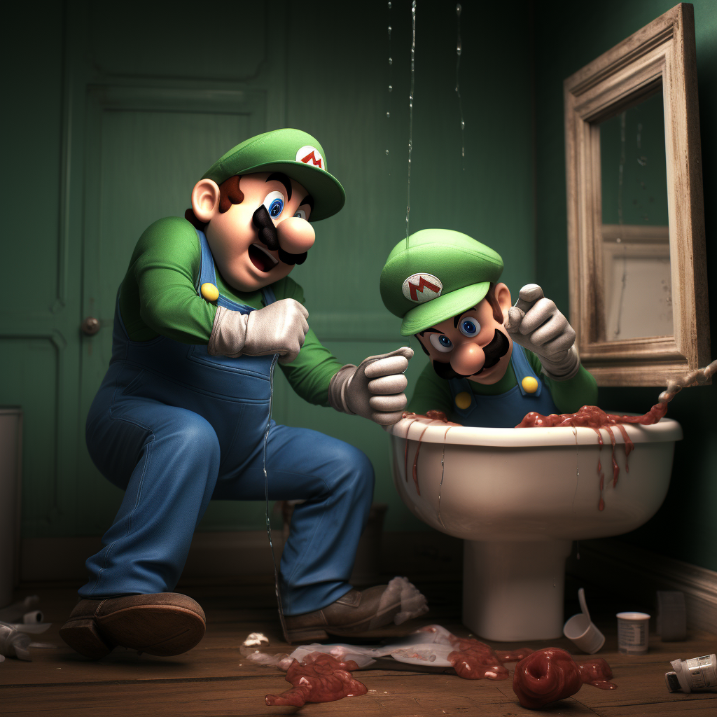 Mario Luigi fixing leaking toilet