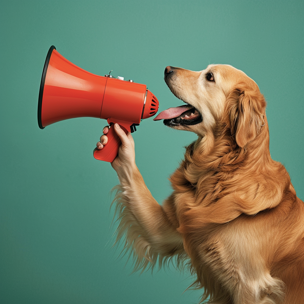 Human holding megaphone for dog