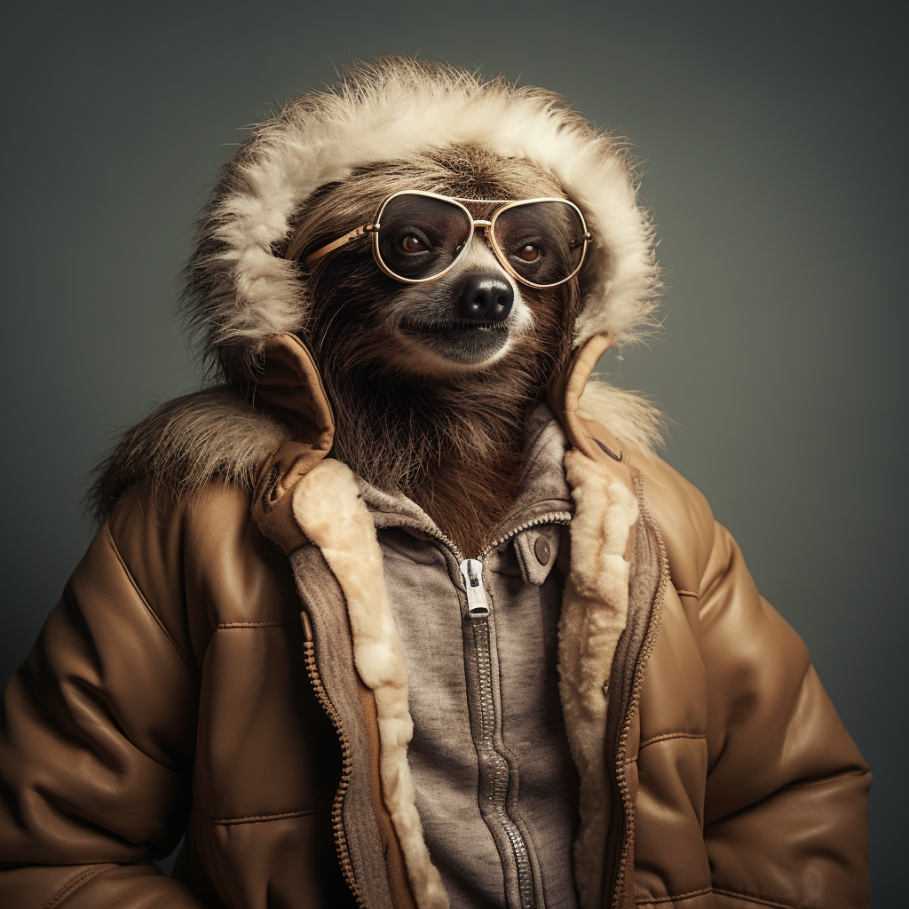 Human sloth hybrid wearing trendy clothes