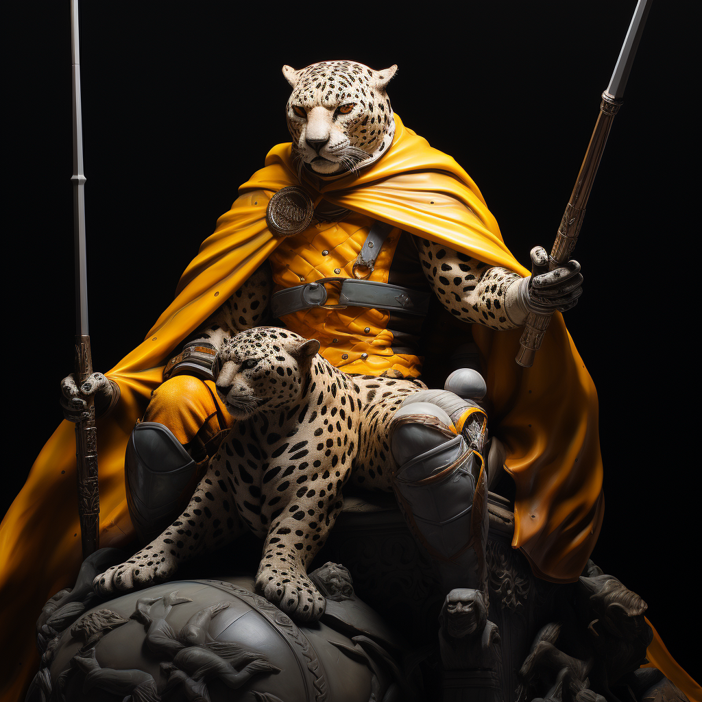 A brave human templar knight riding a yellow jaguar