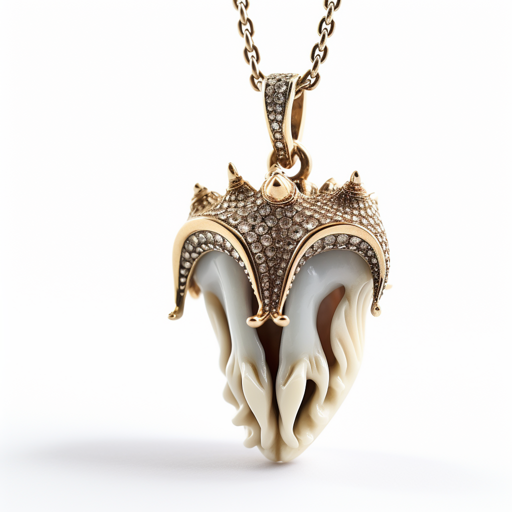 Detailed human tooth pendant necklace on white background