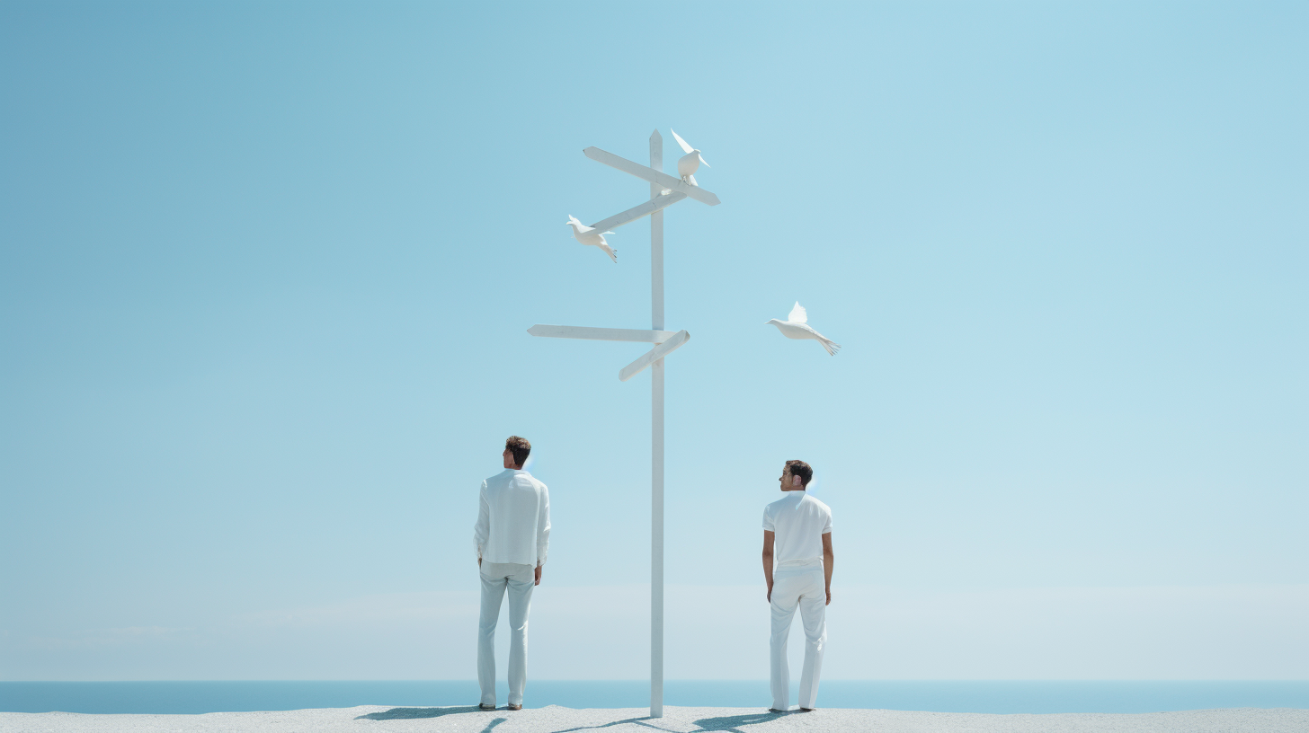 Male models in minimalist weathervane pose