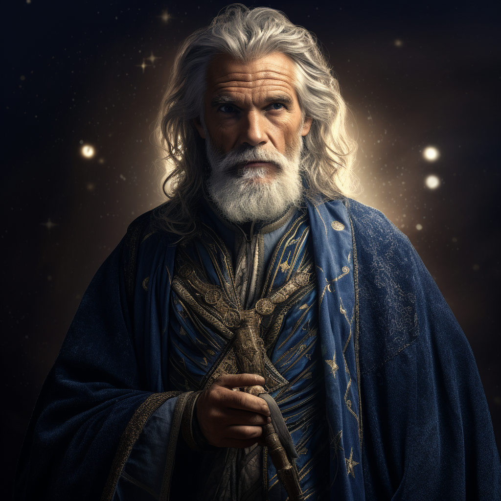 Human Wizard in Blue Robe with Silver Stars and Moons