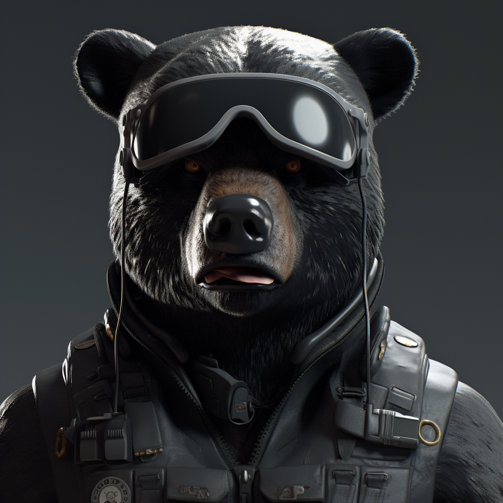 Close-up of hyperrealistic human bear agent gear