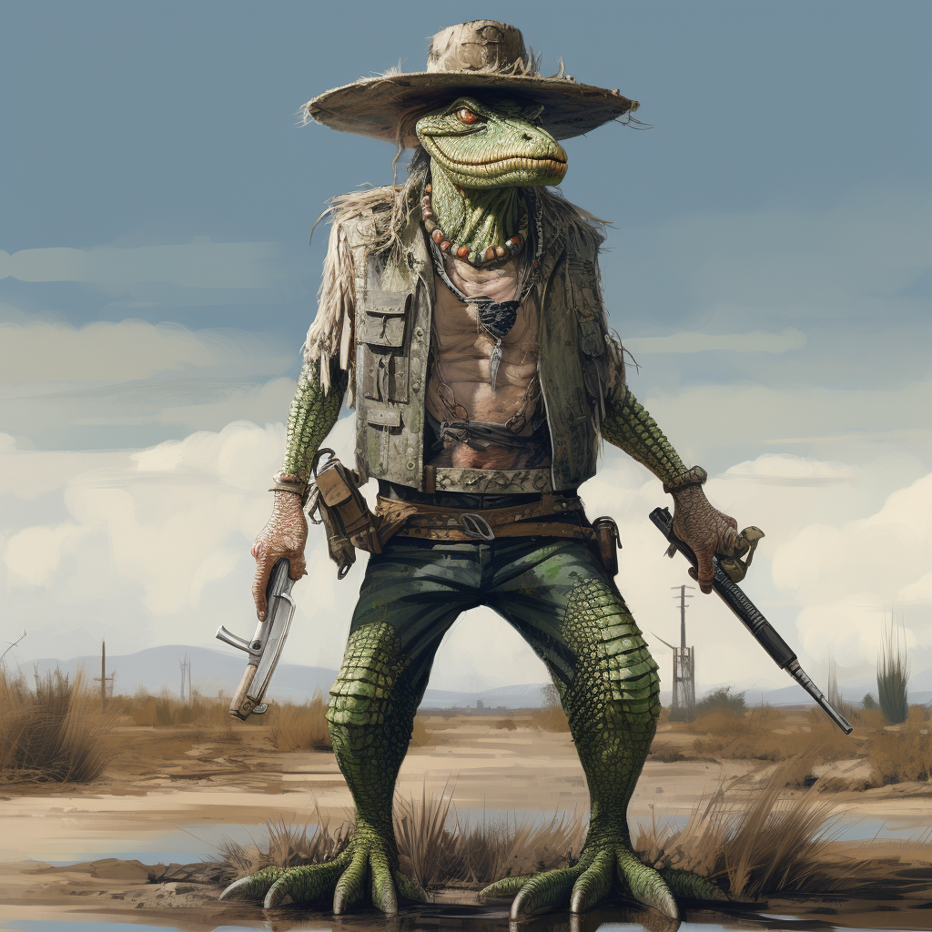 Green-skinned alligator hillbilly man with knife and cigar