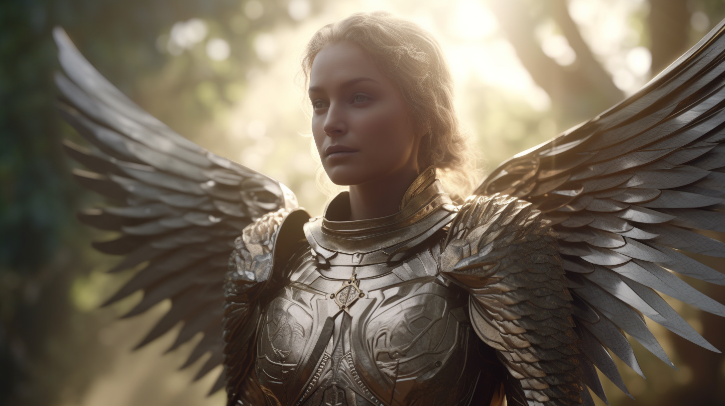 Beautiful female humanoid angel with armor and wings