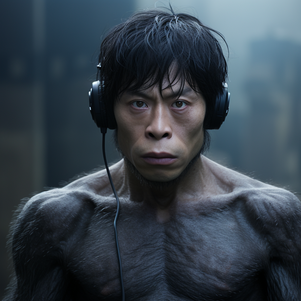 Unique humanoid ape with Korean haircut photo