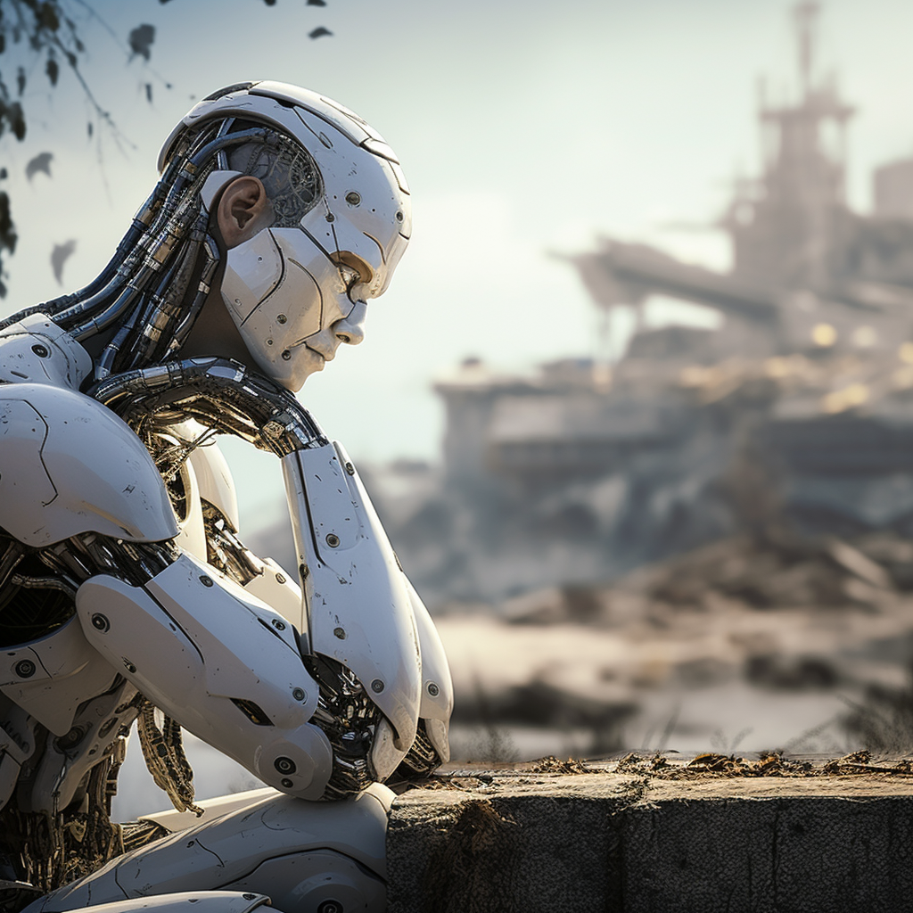 Humanoid ASI robot contemplating existence