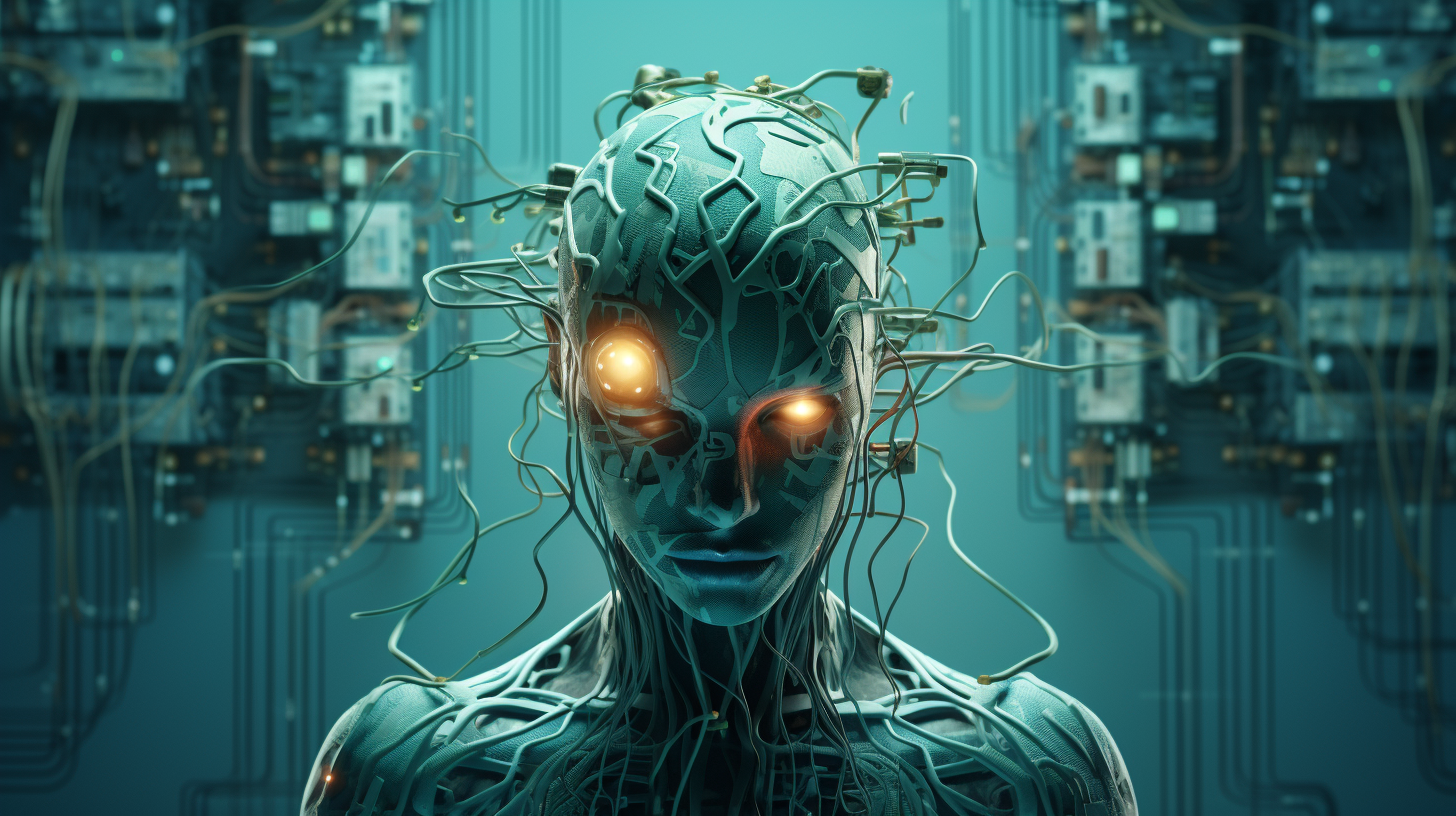 Humanoid Brain Circuit Chip Microprocessor on Teal Background