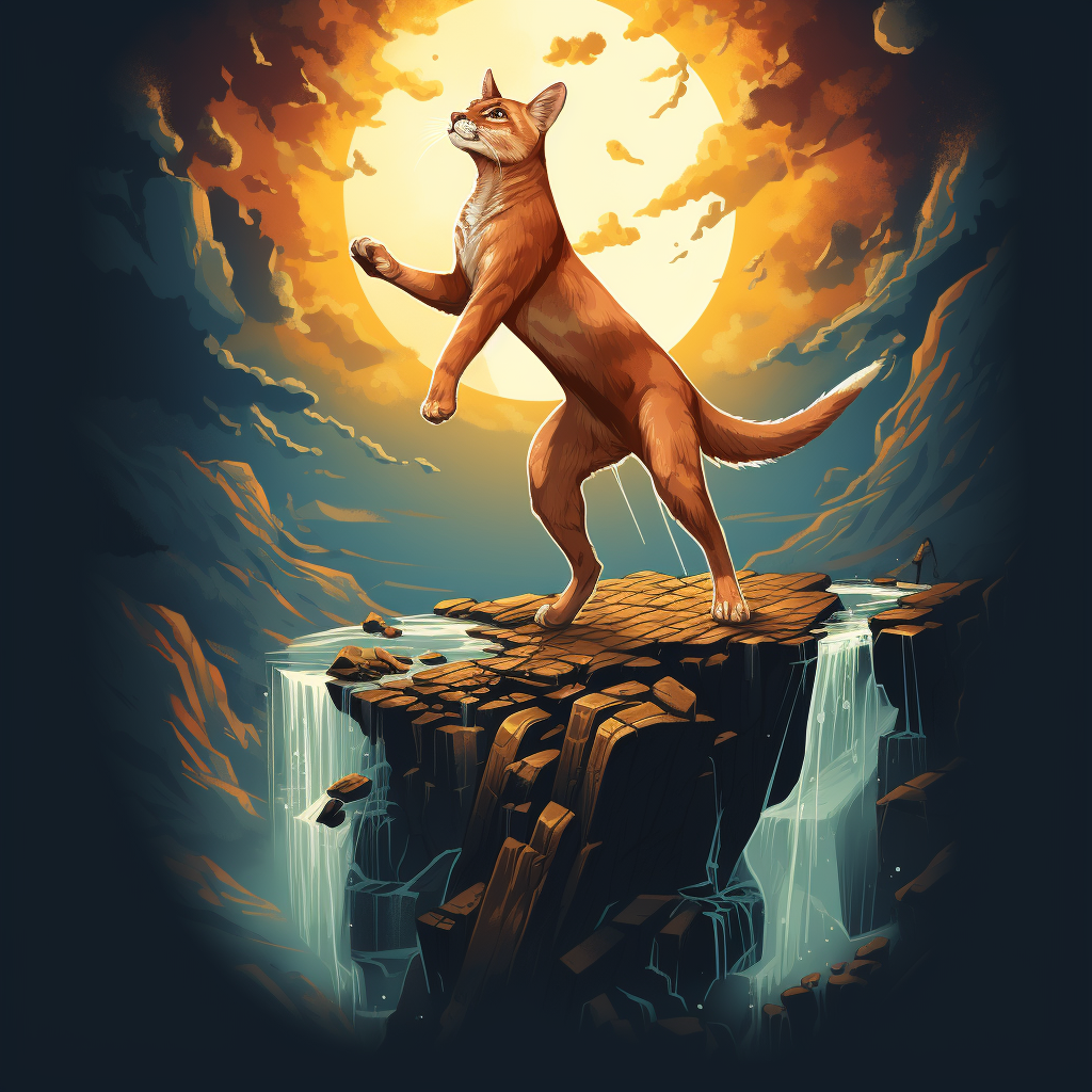 Jumping humanoid caracal in gold lake