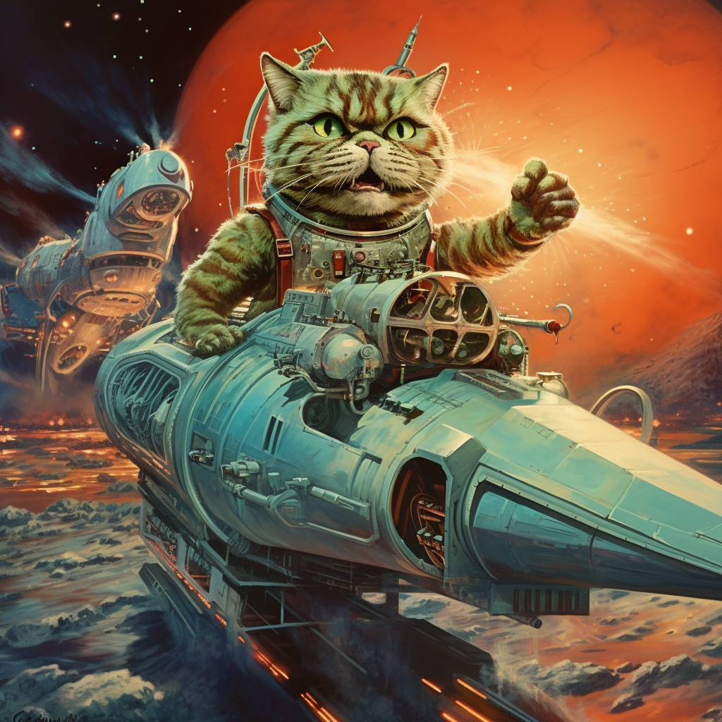 Humanoid cat piloting space ship in laser battle