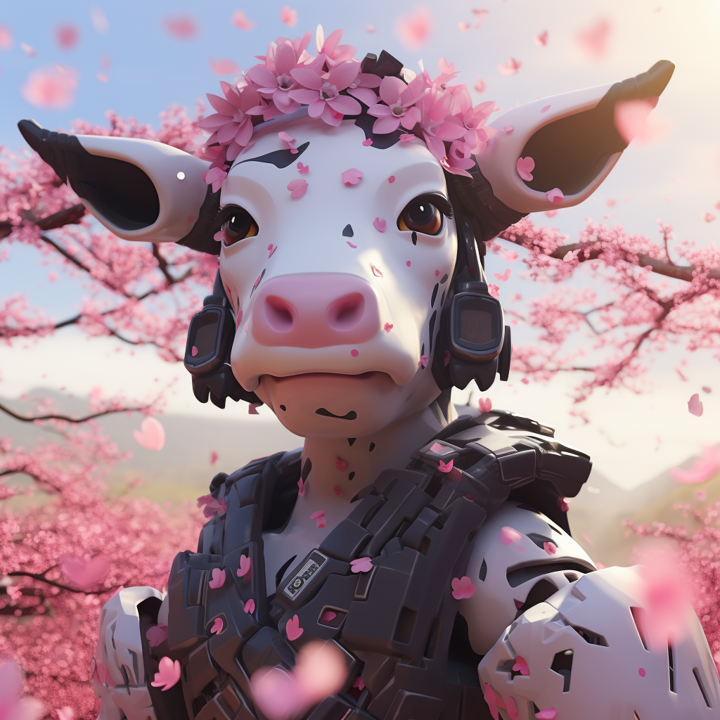 Cow with Pink Accents and Cherry Blossom Background