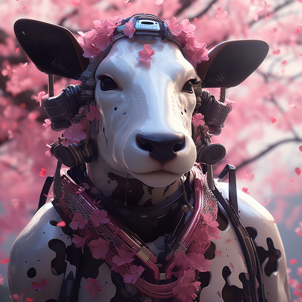 Pink-accented humanoid cow in cherry blossom background