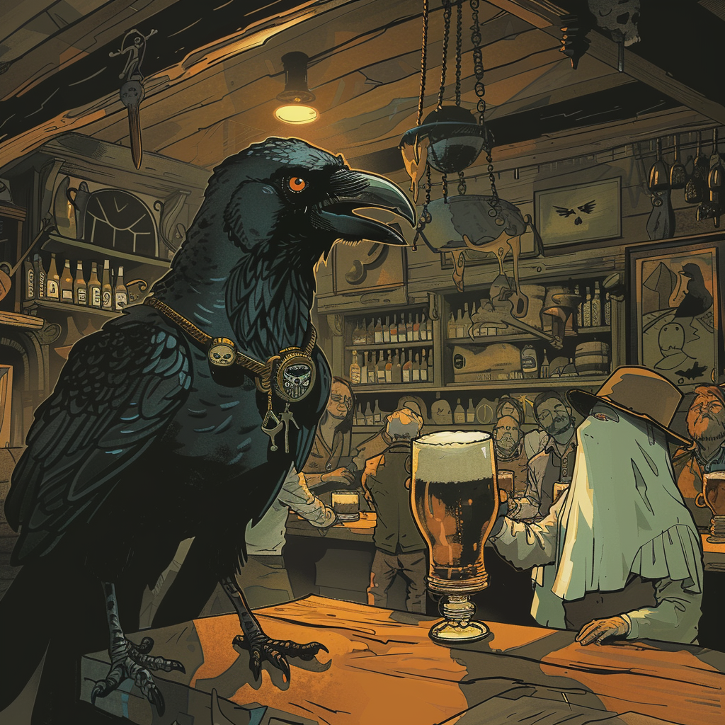 Crow bartender ghost serving beer cartoon