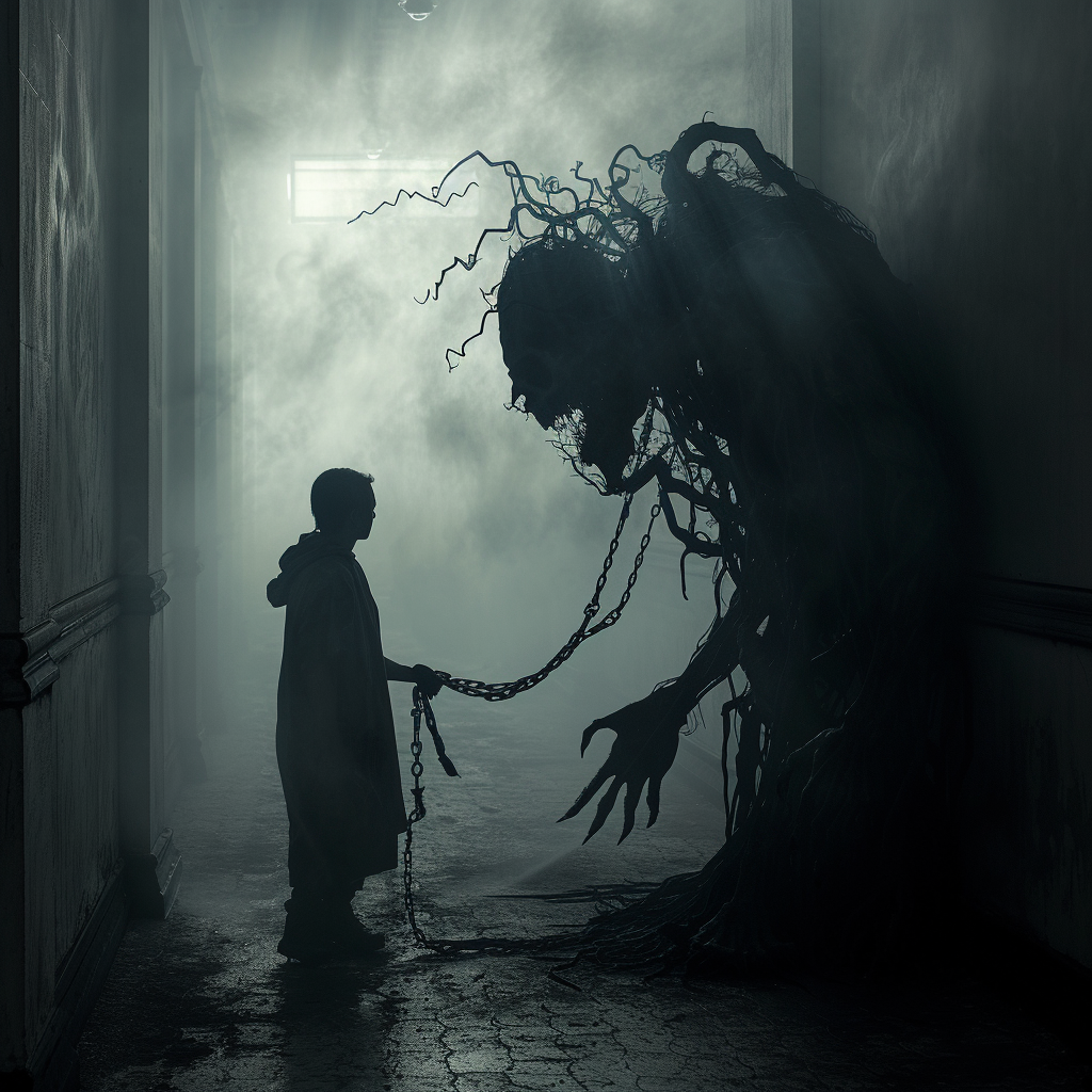 Dark cinematic image of humanoid demonic entity with person on leash